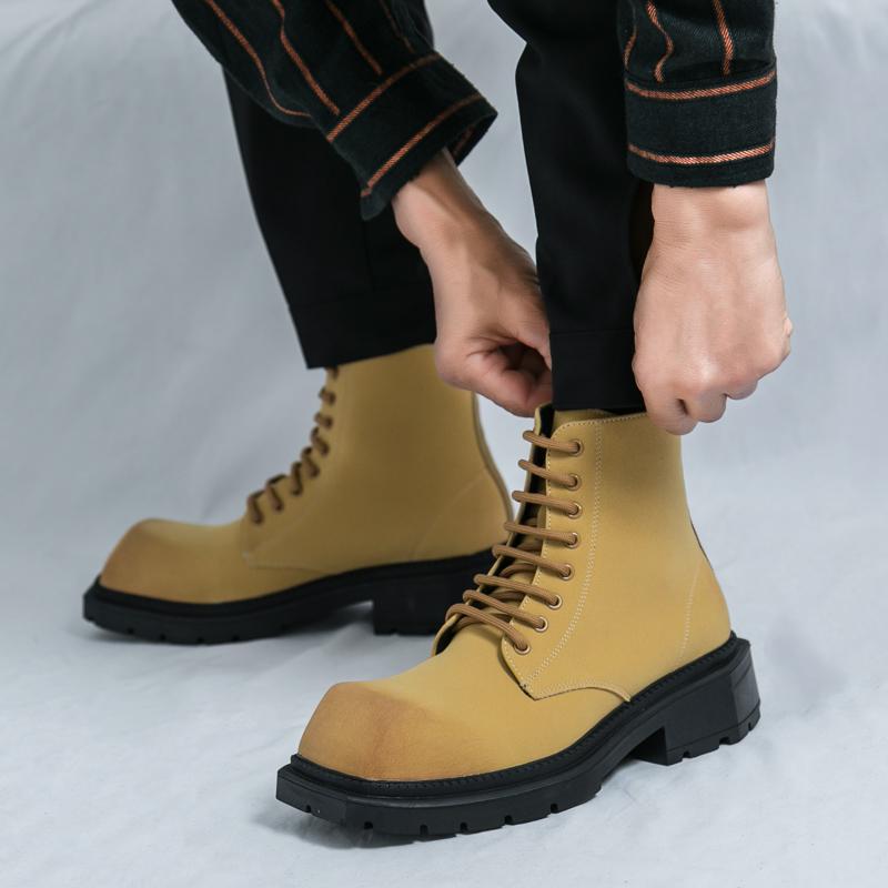 Men’s Retro Punk Thick Sole Platform Boots Jockey Boots Yellow Square Toe Motorcycle Boots High Boots Plus Size