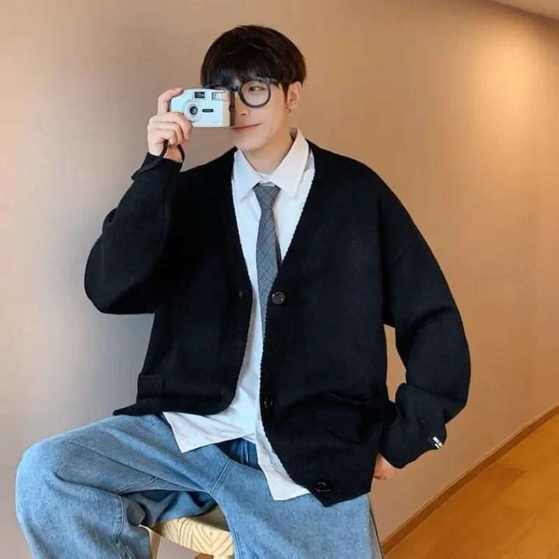 Man Clothes with Pockets Knitted Sweaters for Men Coat Solid Color Plain Jacket Cardigan Icon V Neck Overfit Ugly Korean Fashion