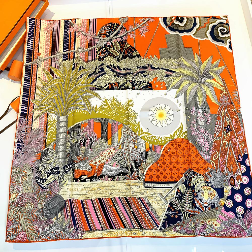 New Handmade Curled Twill Square Scarf Plant Jungle Sun Women's Shawl 90 * 90cm Fashion Trend Fabric Soft