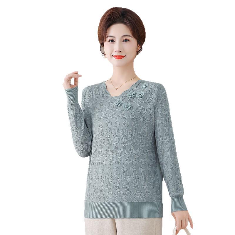 Mom's Versatile Long-Sleeve Knitted Sweater for Middle-Aged and Elderly Women - Elegant Pullover for Spring and Autumn.