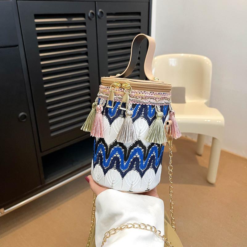 Tassels Style Ethnic Chain Strap Tote Cylinder Crossbody Bag For Women Use Daily