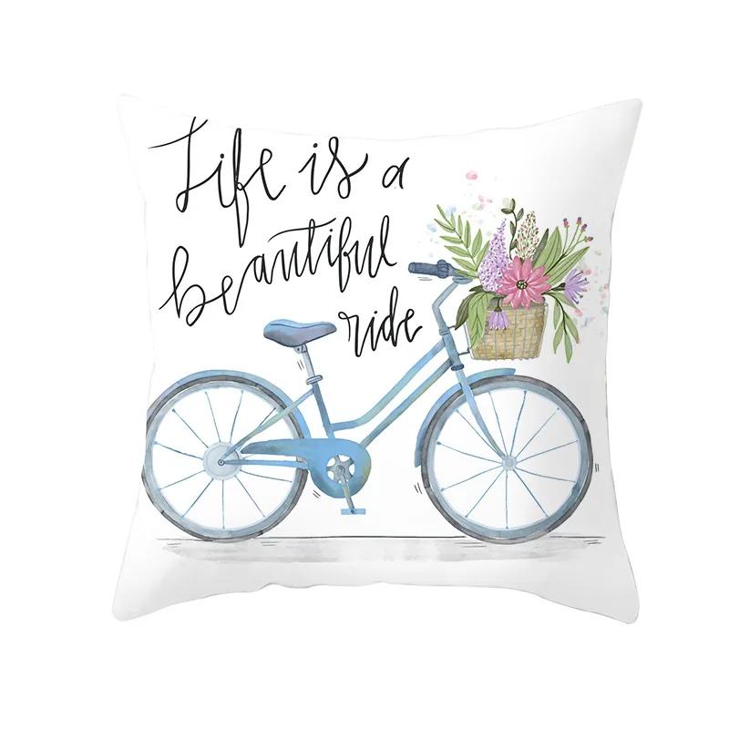 Valentine's Day Bicycle Flower and Grass Print Cushion Cover Home Living Room Sofa Decoration Pillow