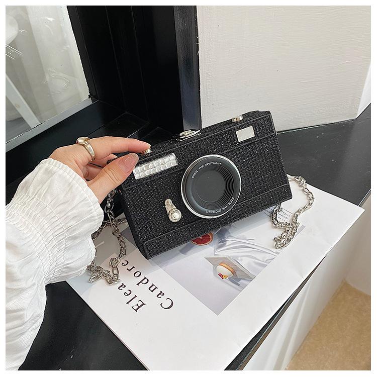 

Women Fashion Sequin Box Bag Funny Chain Crossbody Body Bag Camera Shape Shoulder Bag