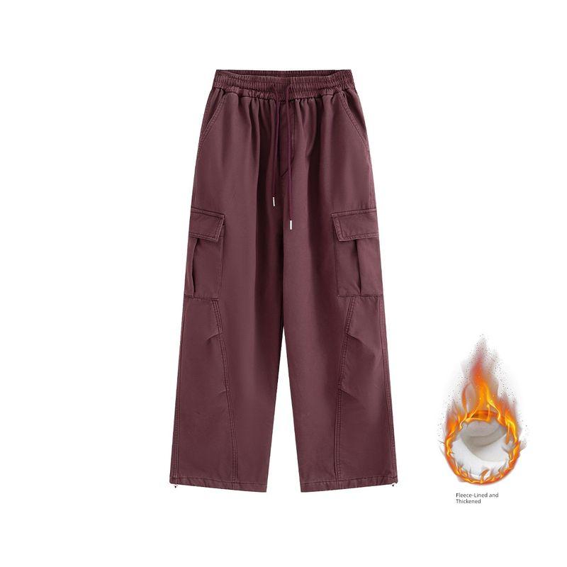 

Trendy Brand Cargo Pants with Large Pockets, Fleece-Lined and Thickened, Loose-Fitting Casual Heavy-Duty Straight-Leg Pants for Autumn and Winter Wine Red XL