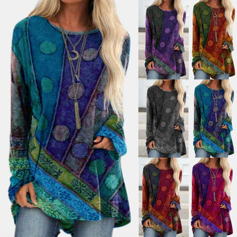 Plus Size Womens Hippie Boho Long Sleeve Tops With Soft Material And Floral Pattern