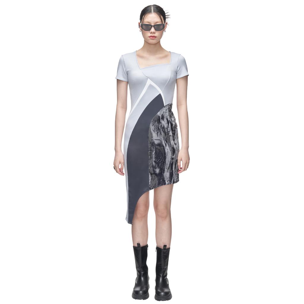 Kimjisu Velvet Paneled Jersey Dress _ Blue Gray
