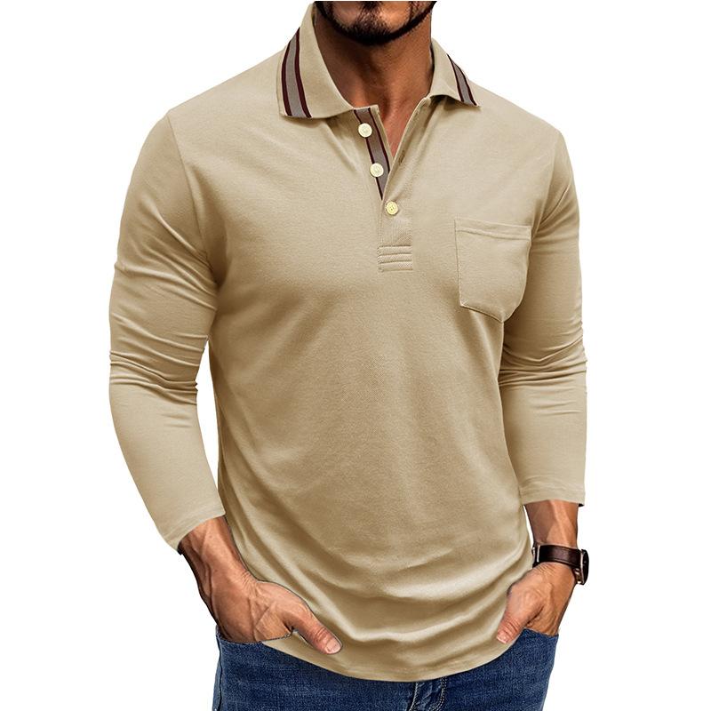 

Men s Long Sleeve Polo Shirt with Stripe Collar Detail, Chest Pocket, and Gold Buttons, Multiple Colors XXXL абрикос світлого кольору