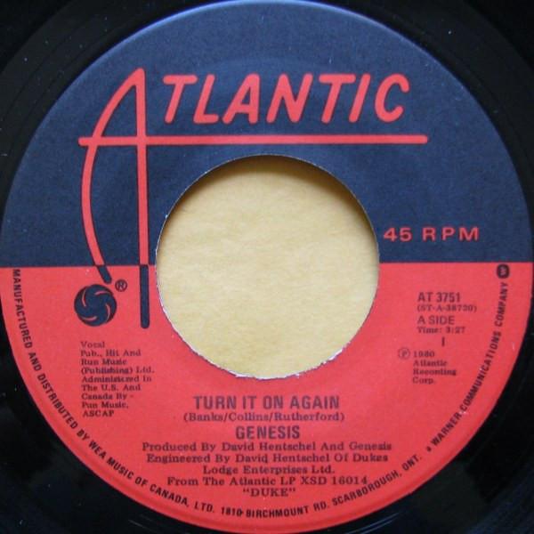 7-дюймовая пластинка GENESIS Turn It On Again AT3751 Atlantic 1980 Канада Рок Б/у