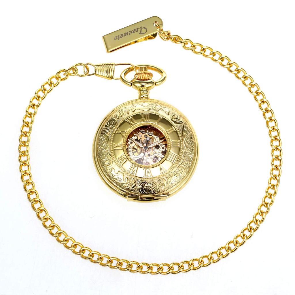 TREEWETO Men's Mechanical Skeleton Pocket Watch Roman Numeral Dial Gift Box Chain