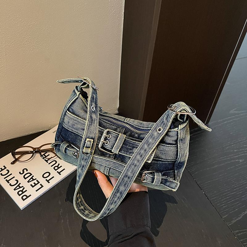 Y2K Washed Denim Shoulder Bag with Buckle Detail Zipper Closure Casual Underarm Purse for Daily Use