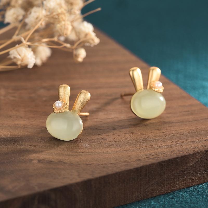 PANJBJ 925 Sterling Silver Hotan Jade Stud Earring for Women Girl Round Vintage Luxury Jewelry Banquet Gift Dropshipping