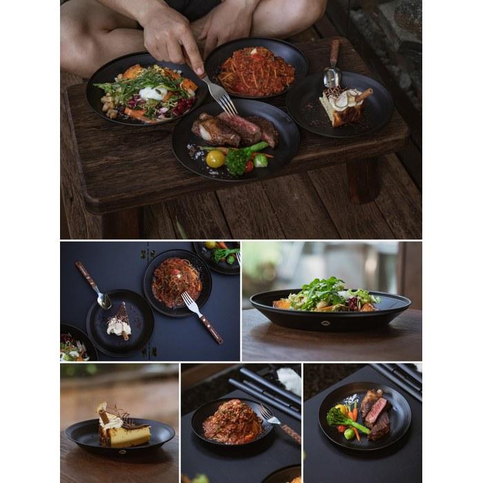 Camping Moon Outdoor Tableware Camping Stainless Plate Dishware Set 8-Piece with Canvas Case BKS397-2S Black