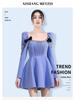 Chic Blue Retro French Square Neck Puff Sleeve Dress with Bow, 2024 Spring/Autumn.