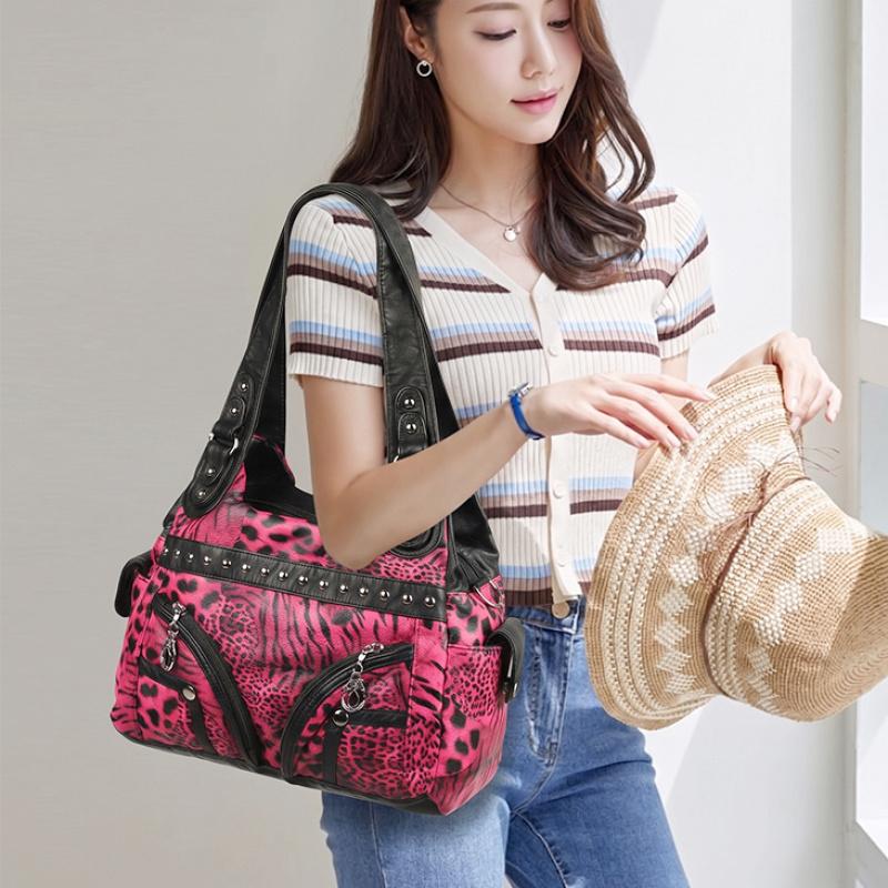 Leopard Print PU Leather Women Tote Shoulder Bag Rivet Decor Multi Pockets Large Capacity Casual Crossbody Handbag
