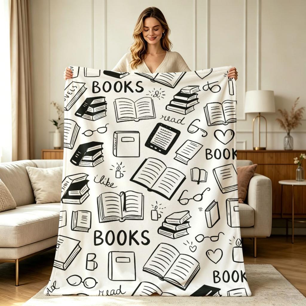All Season Flannel Blanket with Book Lover Reading Doodle Pattern Soft Warm Cozy Lightweight Throw Blanket for Sofa Couch Office Bedroom Living Room H