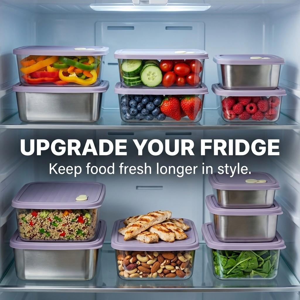 Stackable Fruit,Vegetable,Meat Food Container Durable Sealed 304 Stainless Steel Fresh-keeping Box Refrigerator&Microwave Safe