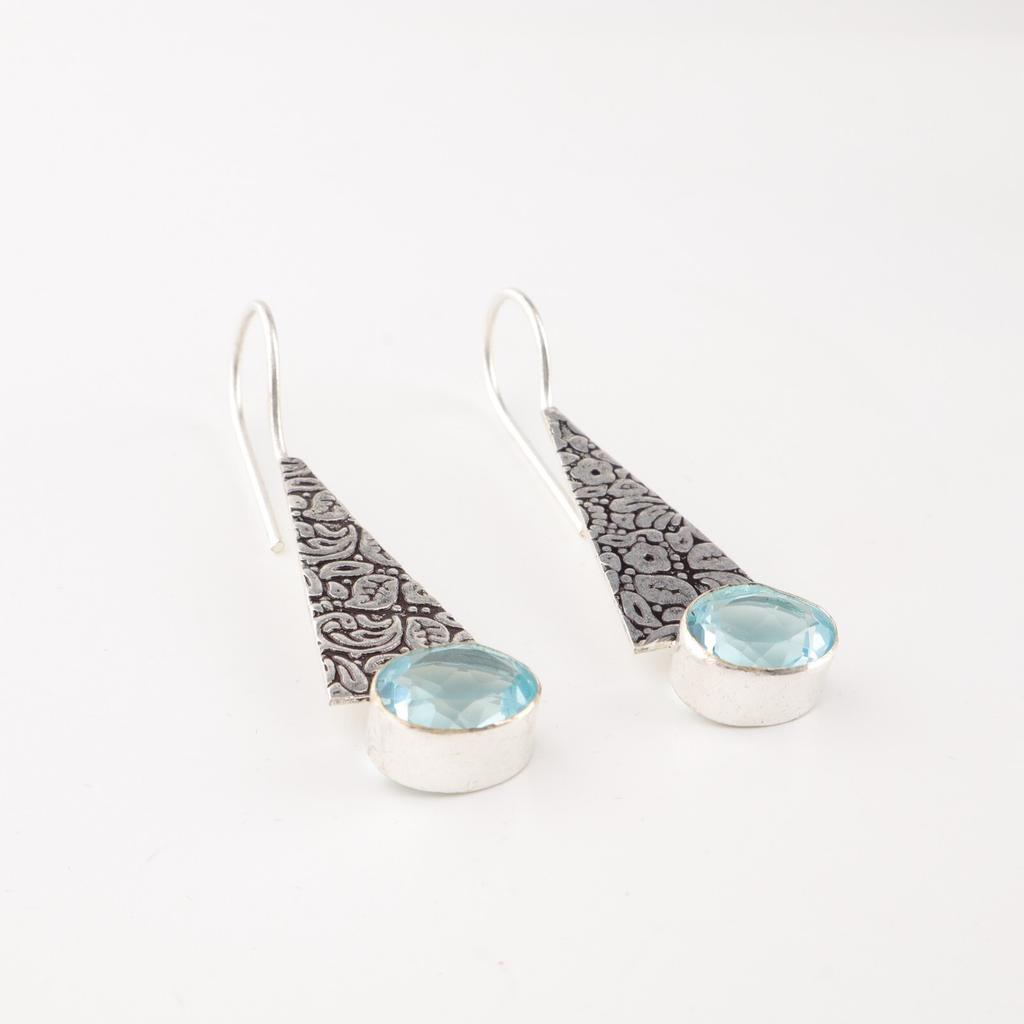Natural Sky Blue Topaz Gemstone 925 Solid Silver Jewelry Handmade Earrings 1.9" EE-165-13