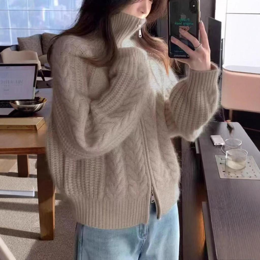 Heavyweight Wool Zipper Cardigan Sweater - Thickened Cable Knit with High Neck and Cashmere Warmth