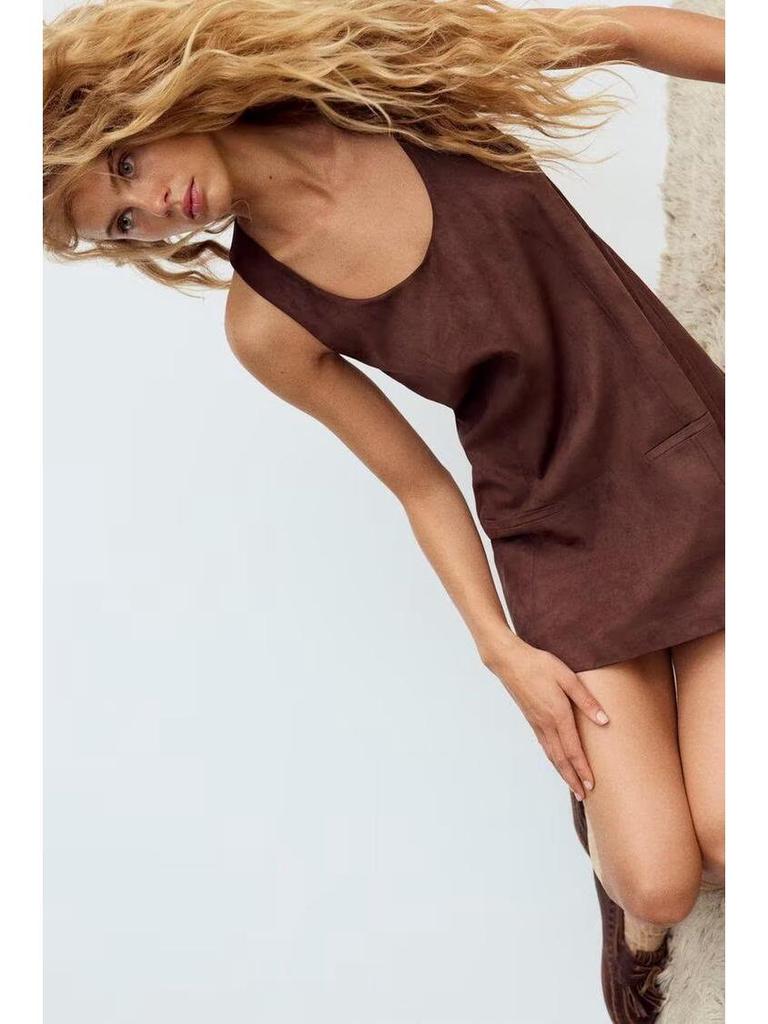 2024 Winter Women's Retro U-Neck Suede Effect Sleeveless Short Dress - European & American Style