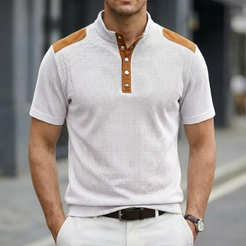 Mens Casual Henley Collar Short Sleeve Polo Shirt Contrast Patchwork Top S белый
