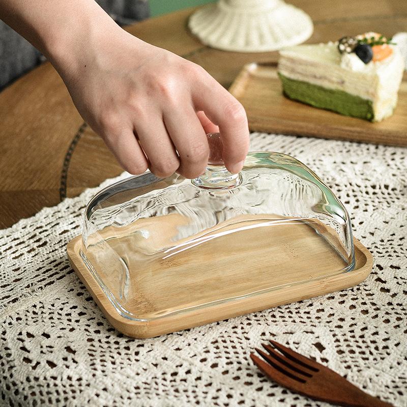Wooden Square Cake Tray Bamboo and Glass Butter Dish Snack Display Tray Dessert Table Decoration with Glass Cover