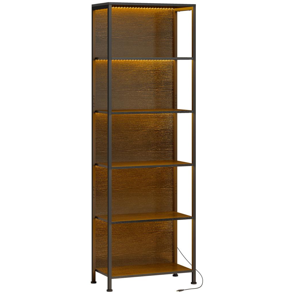 Bookshelf with 5 Levels, Standing Shelf with LED Lighting, 7 Light Colors, for Living Room, 60 x 30 x 179 cm Black