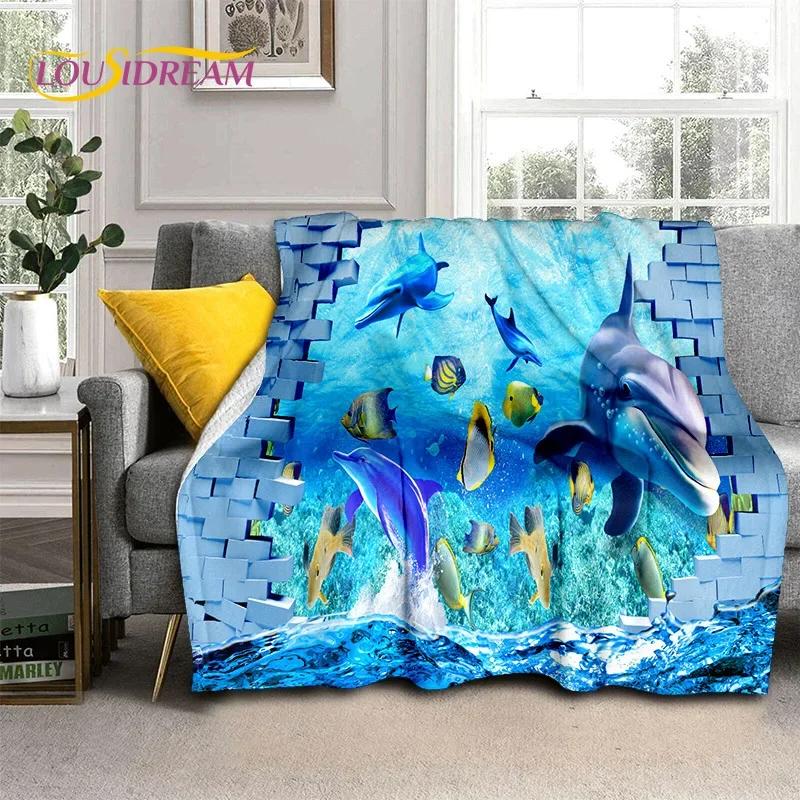 3D Illusion Underwater World Seabed Shark Dolphin Soft Flannel Blanket for Beds Bedroom Sofa Picnic,Throw Blanket Outdoors Gifts