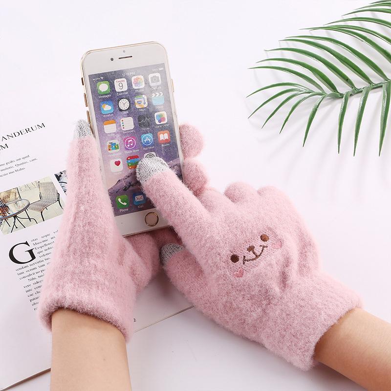 Smile Face Printing Gloves Mobile Phone Touchscreen Knitted Gloves Women Winter Thick Warm Adult Soft Mink Fluffy Gloves