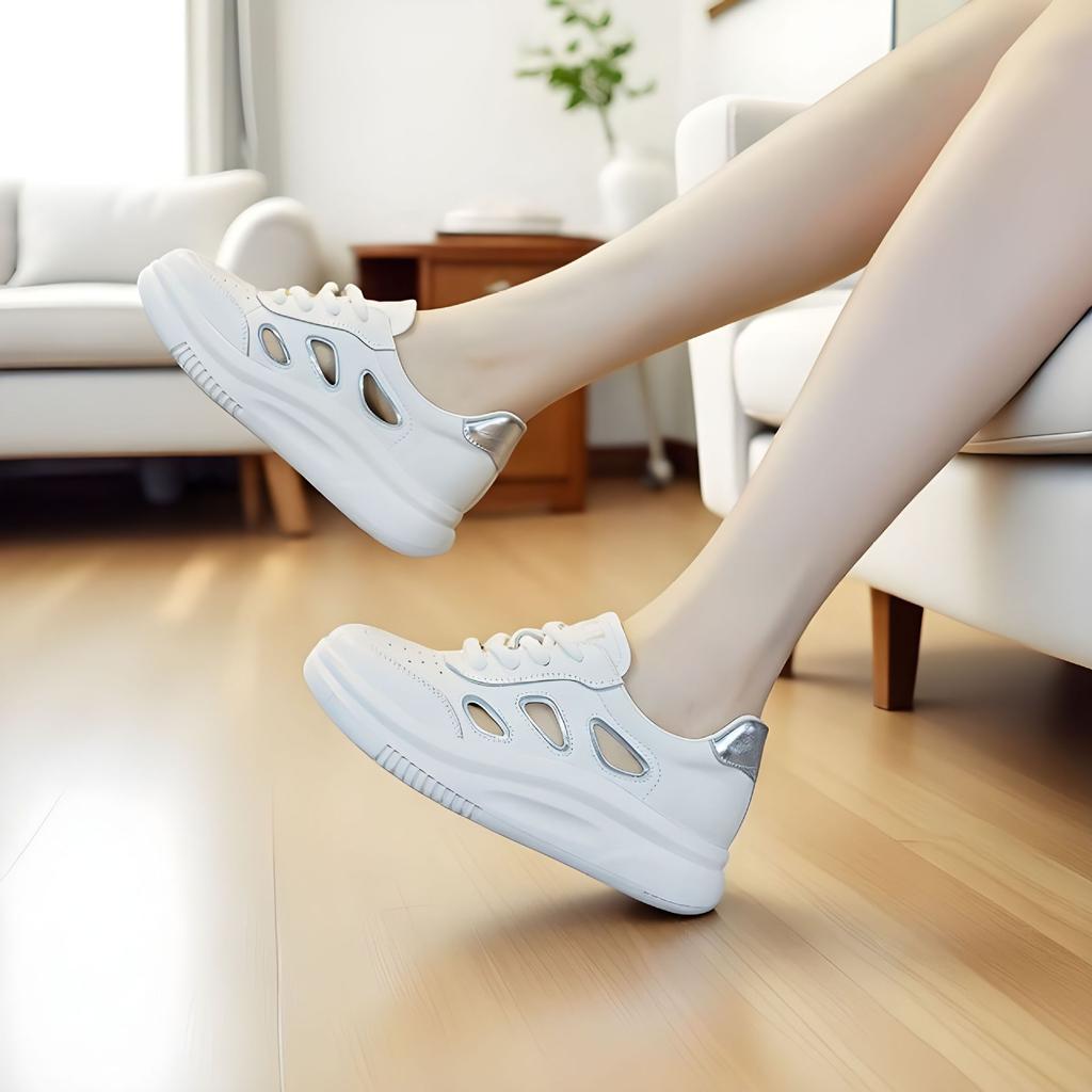 Fashion 4.5CM Women Platform Shoes 2025 Summer Hollow Out Breathable Cow Leather Lace-up Casual Sneakers Ladies Wedges Heel Shoes