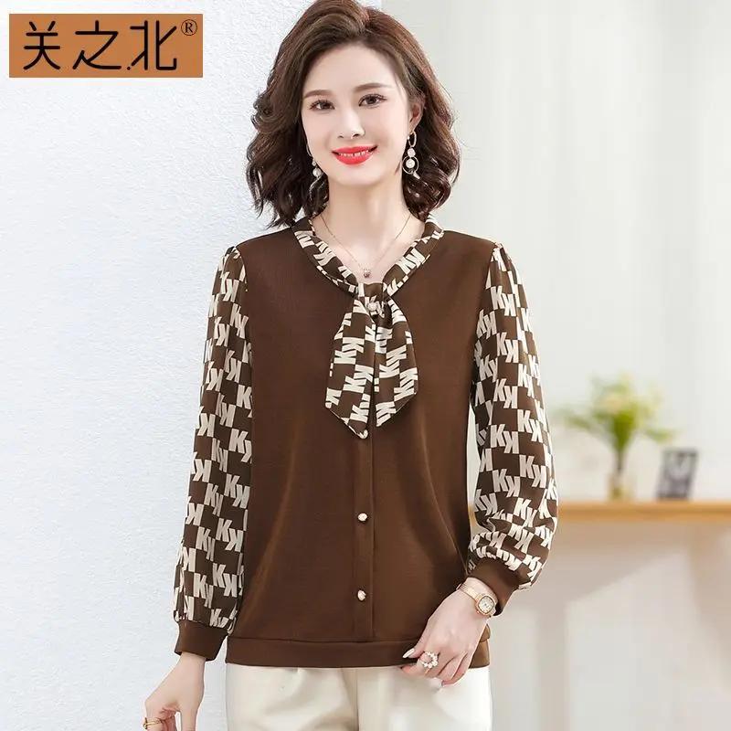 Wealthy Lady's Knitted Shirt Middle-aged and Elderly Women's Top Long Sleeved Base Shirt Western-style Middle-aged