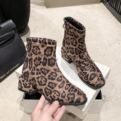 Leopard Print Mid Heel Square Toe Ankle Boots - Women's Fashion Slimming Chunky Heel Shoes 2025