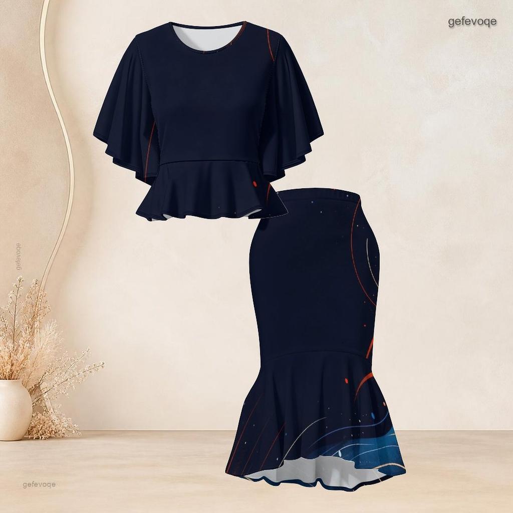 Women Plus Size Two Piece Skirt Set Round Neck Batwing Sleeve Galaxy Printed Ruffle Hem Top Fishtail Skirt