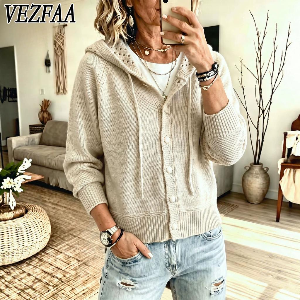 VEZFAA Damesmode Casual Herfst Winter Effen Kleur Print Lange Mouw Truien met Capuchon