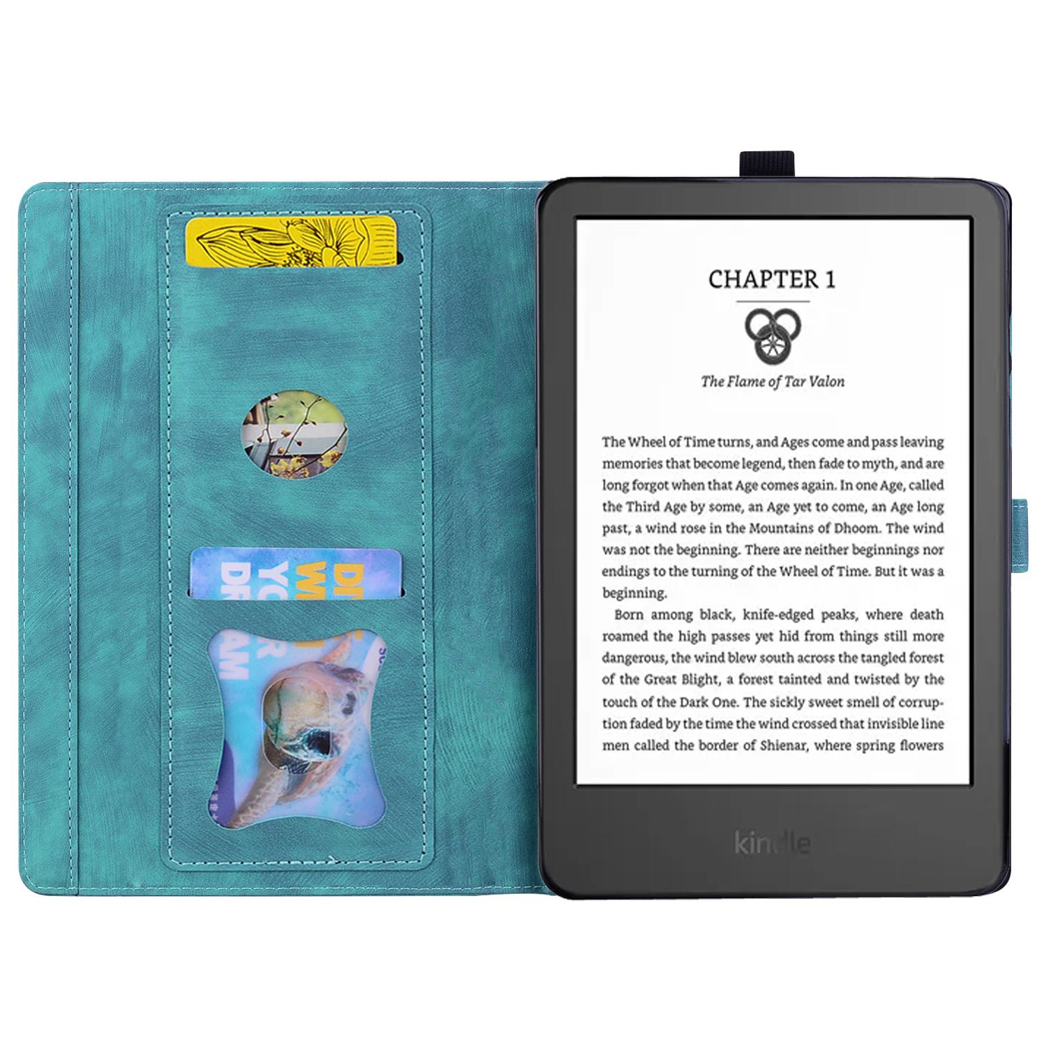 

For Amazon Kindle Paperwhite (2024) Case Flip Stand Leather Tablet Cover Cherry Blossom Cat Imprinted Blue