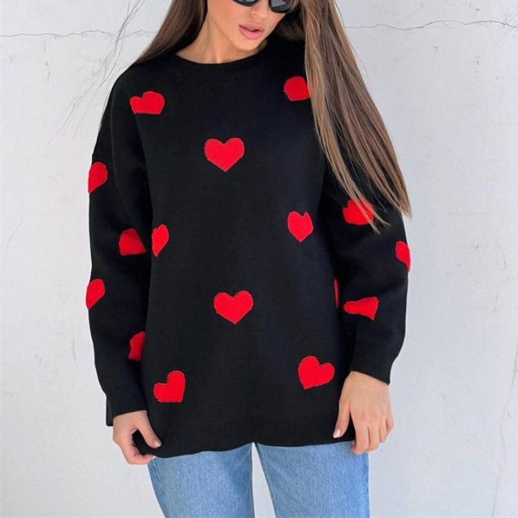 

Жіночі в язані светри з вишивкою Love Embroidery Sweet Chic Пуловери з довгими рукавами та круглим вирізом Жіночий повсякденний модний светр L чорний