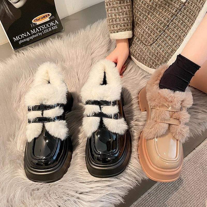 Mary Jane Small Leather Shoes, Plush Thick Heels, High Heels for Women, Autumn and Winter 2025, Fluffy Shoes, Platform Loafers for Women, Heigh