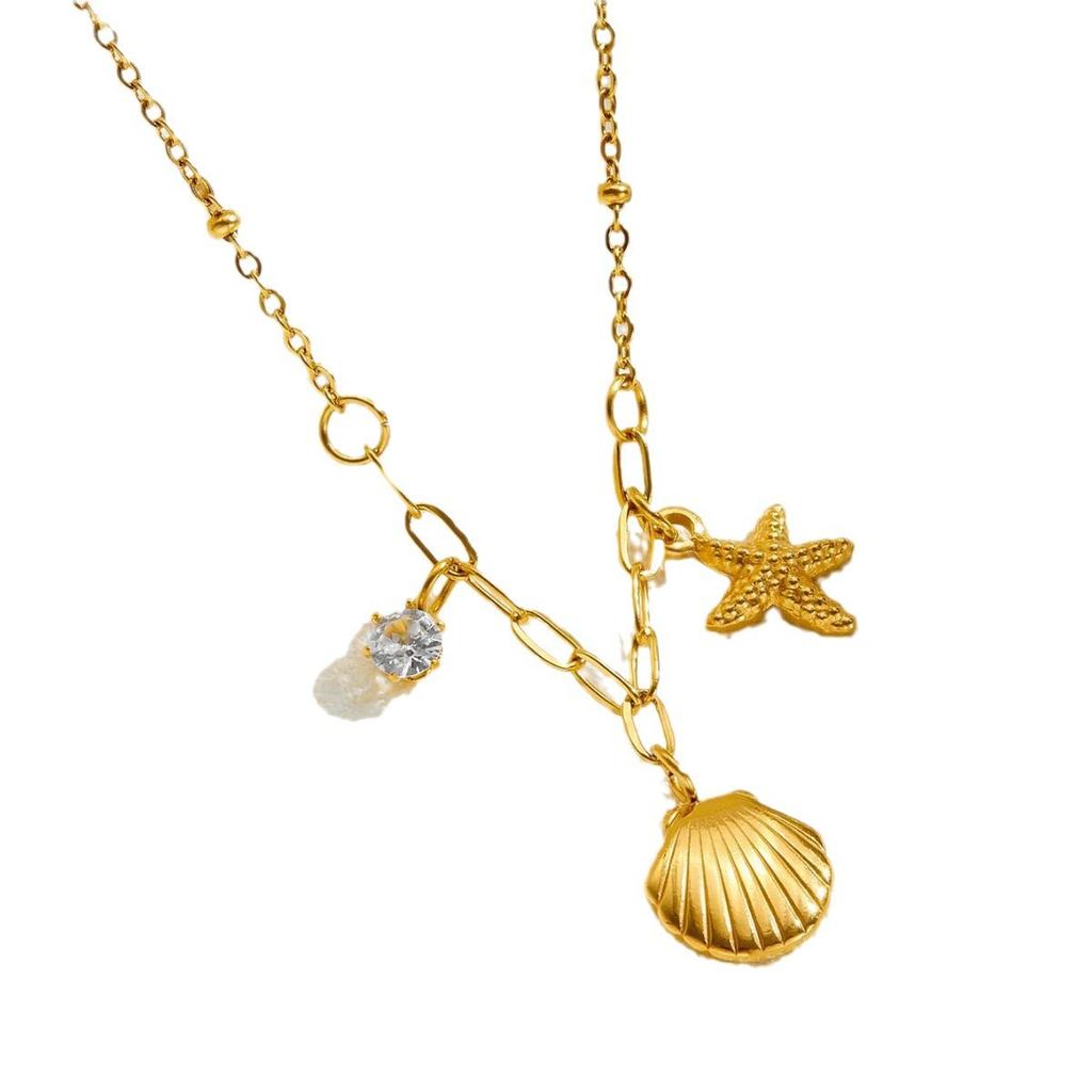 Wenjian Maldives Style Exquisite Shell, Claw Diamond, Starfish Short Chain Clavicle Necklace Titanium Steel Gold-Plated Jewelry