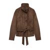 Womens Winter Short Stand Collar Tie Front Casual Chic Coat With 3D Print Loose Fit