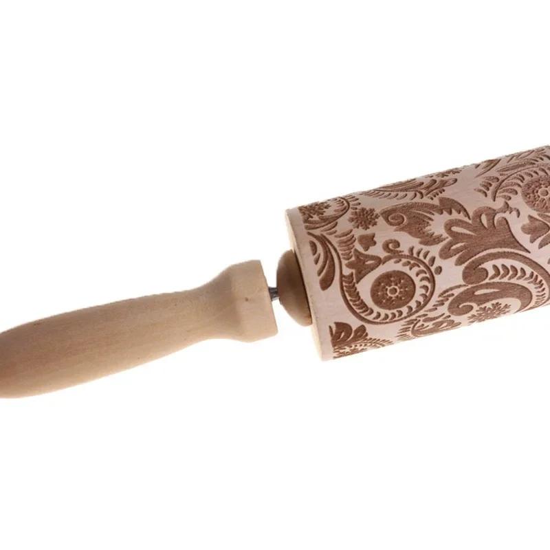 Vintage Pattern Engraved Baking Pastry Tool Fondant Dough Christmas Accessories Wood Embossing Rolling Pin