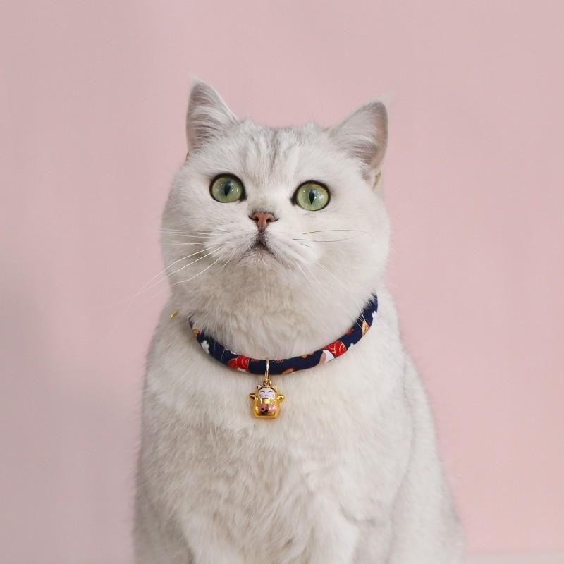Adjustable Pet Collar With Japanese Floral Shiba Inu Maneki-neko Charm Copper Bell Cats Dogs