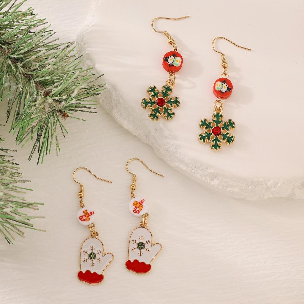 New Arrivals Christmas Santa Claus Snow Bow Flower Wreath Gloves Earrings For Women