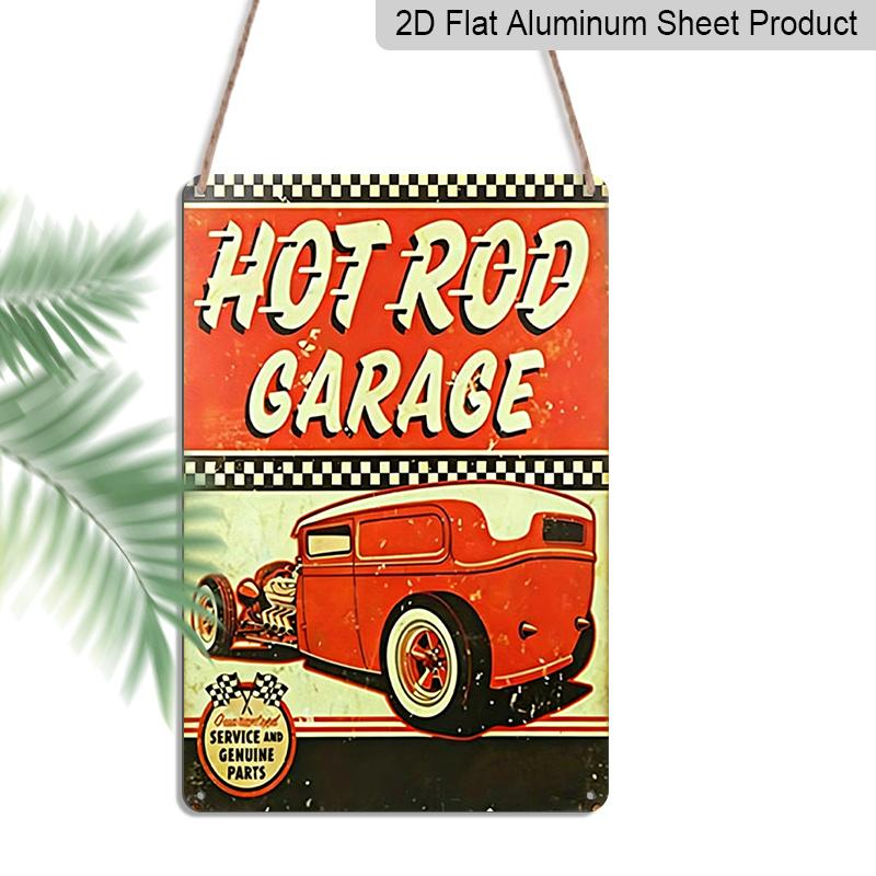 2D Flat, 1pc Vintage Hot Rod Garage Metal Sign - 8x12 Inch Retro 1950s Style Classic Hot Rod Car & Checkered Racing Design - Durable Aluminum Wall