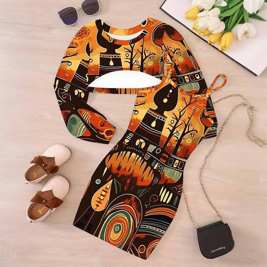 Girls Cartoon 2 Piece Outfits, Long Sleeve Crop Top + Spaghetti Strap Bodycon Dress, Ethnic Floral Print Party Dress Set