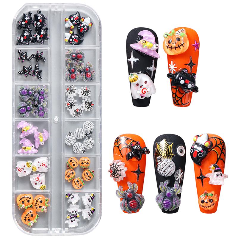 12 Grids Cute Spooky Ghost Pumpkin Nail Art Decorations Spider Bat Halloween Gothic Design Nail Art Jewelry Manicure Accessories