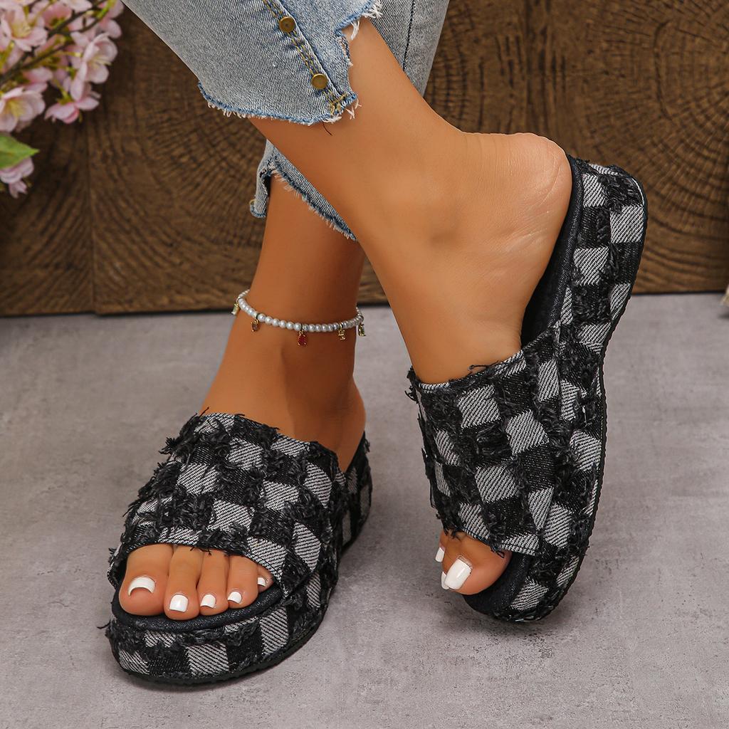 Independent Station Fashion 2025 Sommer Beliebt Neu Außenhandel Übergröße Ein Pedal Dicke Sohle Karostoff Sandalen Damen