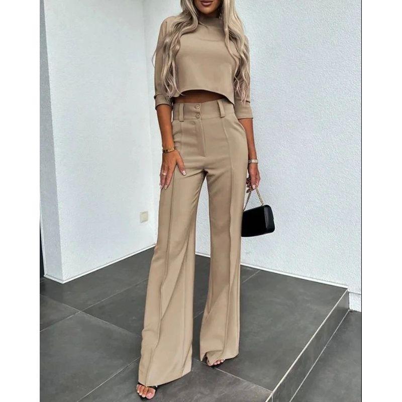 Crop Cropped Top Wide-Leg Pant Suit Crop-Top Short Top Loose Pants Two-piece Set