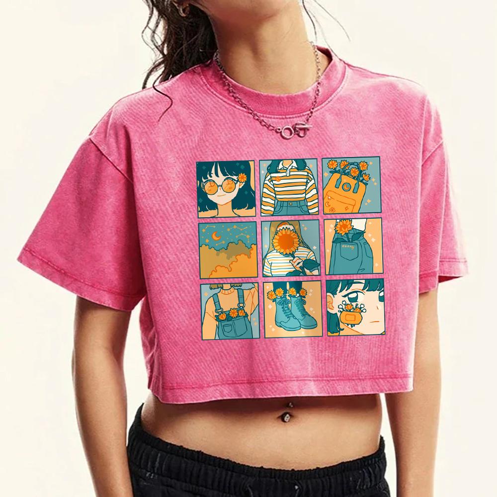 

Nine Palace Grid Orange Girl Illustration Print Female T-Shirt Washed Fitness Crop Top Harajuku Clothing Cotton T Shirt M