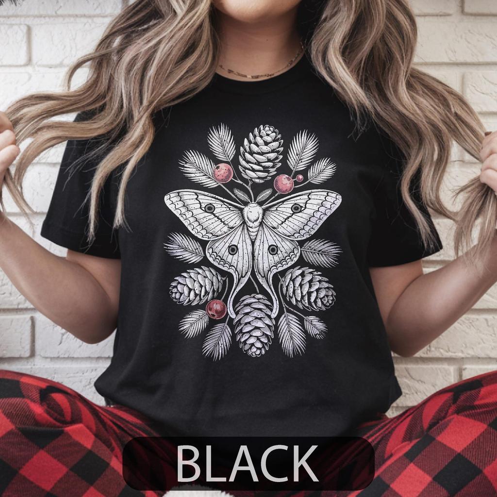 Lunar Moth Pinecone Shirt, Celestial Moth Witchy Tee, Cottagecore Winter Gift, Cozy Goth Nature Apparel, Vintage Botanical Insect