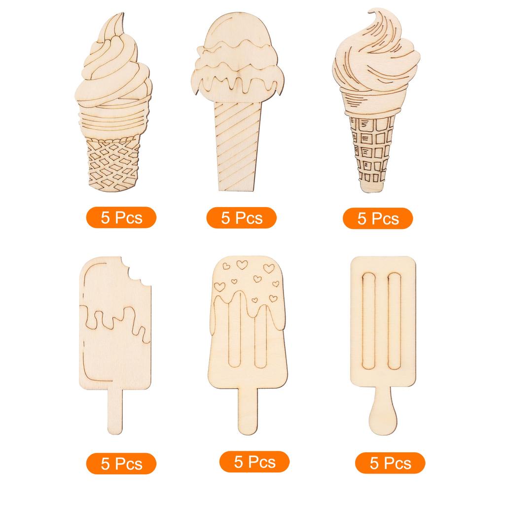 30Set Ice Cream Shaped Wooden Cutouts DIY Wood Unfinished Hanging Wood Craft for Painting Cutouts for DIY Art and Crafting