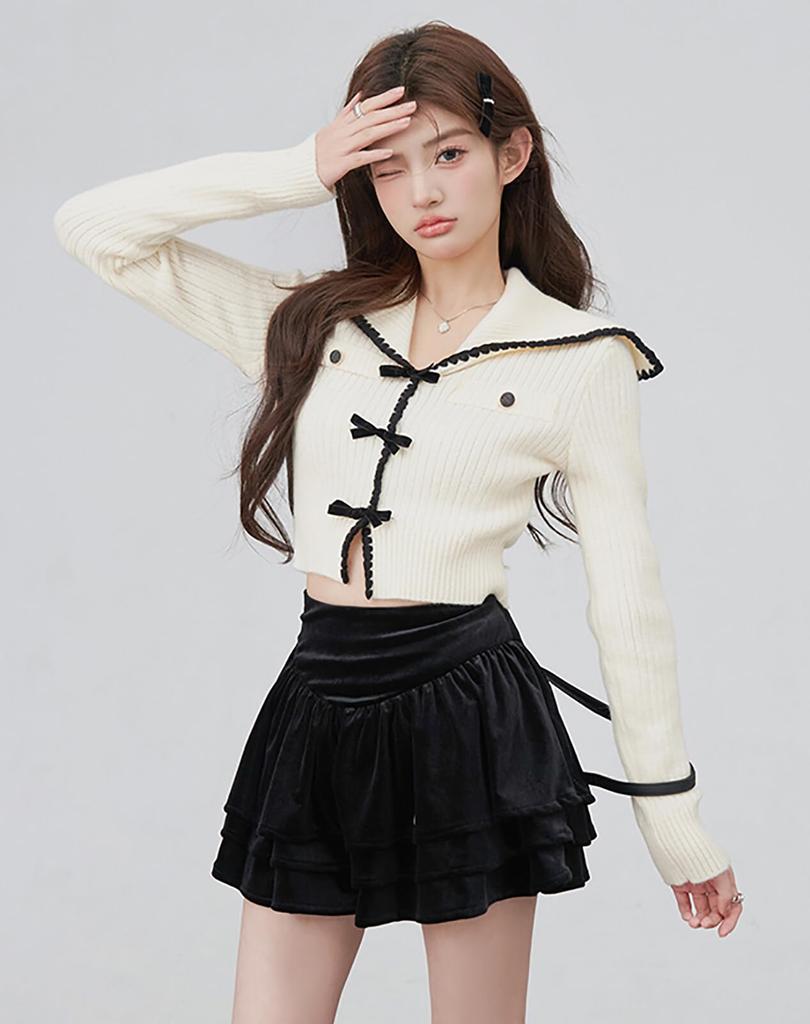 TOWYYO Long Big Short Korean French Beige Women's Cardigan, Sleeve, Ribbon, V-Neck, Striped, Cute, Collar, Length, Fashion, Spring/Autumn, Stylish,